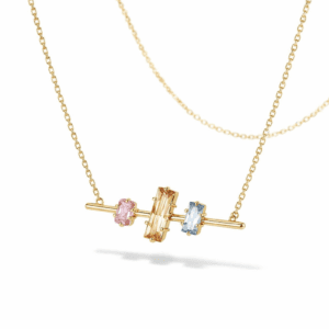 gold bar necklace with trio gems 18k gold vermeil modern horizontal bar with baguette pink, champagne and blue stones