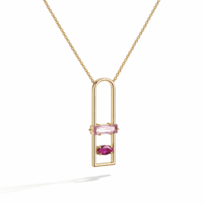 gold pendant necklace 18k gold vermeil geometric open-frame pendant with pink baguette and marquise gemstones