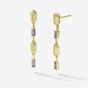 vermeil drop earrings in 18k gold vermeil with violet baguette stones and clear crystal stations, Art Deco links