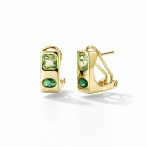 Gold stud earrings with green gemstones in 18k gold vermeil, modern sculptural rectangle studs with dual green stones