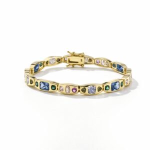 gemstone tennis bracelet in 18k gold vermeil, geometric link design with multi color faceted stones and sleek clasp