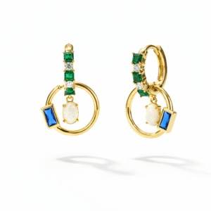 gold hoop earrings with opal drop in polished gold with green stones, oval opal charm, and blue baguette accent
