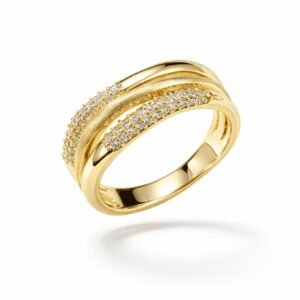 gold ring 18k gold vermeil modern wave band with pavé crystal rows and satin-textured curve, sculptural finish