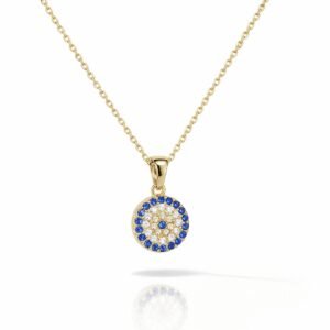 evil eye necklace in 18k gold vermeil modern round pendant with blue halo stones and clear crystal accents