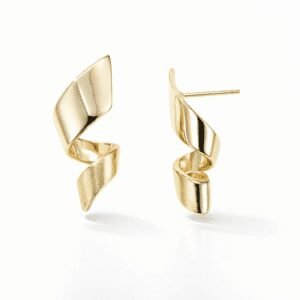 gold stud earrings in 18k gold vermeil, modern sculptural spiral fold design with polished and satin finishes
