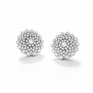 silver cluster stud earrings silver vintage round halo design with pavé crystal stones and domed floral cluster detail