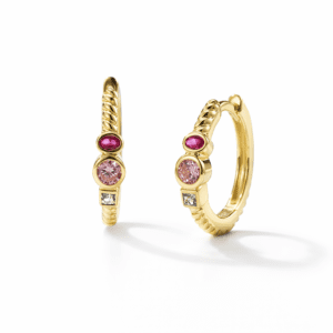 gold hoop earrings gold-tone modern twisted hoops with ruby oval, pink round and clear square bezel-set stones