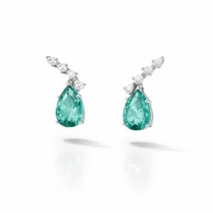 silver teardrop earrings in polished silver with emerald-green pear-cut drops and clear crystal accent stones