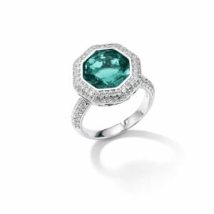 silver halo ring in polished silver with octagonal teal gemstone center and pavé crystal halo, Art Deco-inspired design