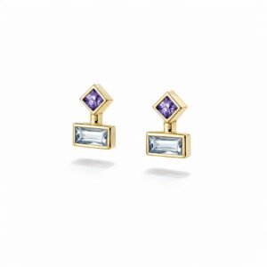 gold drop earrings in 18k gold vermeil with violet square crystal and ice-blue baguette stone, geometric bezel design