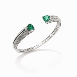 silver open cuff bangle in polished silver with emerald-green triangular stones and pavé-style sparkle accents