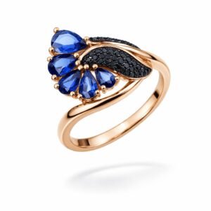 blue gemstone ring 18k gold vermeil modern bypass design with sapphire-blue marquise stones and black pavé accent