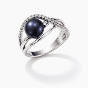 silver pearl ring in polished silver with midnight pearl and pavé arc, modern openwork crossover band design