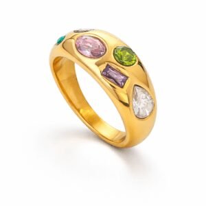 gemstone ring in 18k gold vermeil, modern domed band with pink oval, green round, lilac baguette and clear teardrop stones