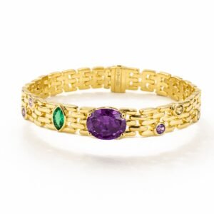 gold link bracelet in 18k gold vermeil with multicolor gemstone bezels, oval purple center stone and green marquise accent