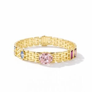 gold bracelet 18k gold vermeil modern link design with oval pink gemstone center and mixed-color side stones