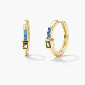 gold hoop earrings in 18k gold vermeil Art Deco hoops with blue baguette stones and smoky square gemstone