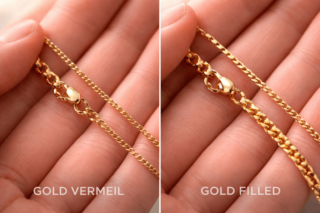 A close-up shot comparing gold vermeil and gold-filled jewelry.