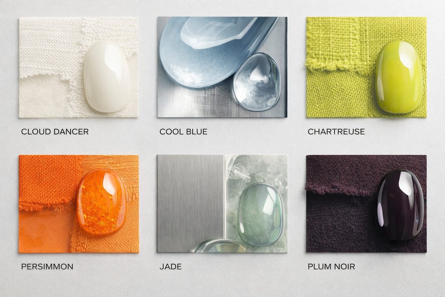 2026 spring color trends palette grid: Cloud Dancer, Cool Blue, Chartreuse, Persimmon, Jade, Plum Noir in wearable-art textures