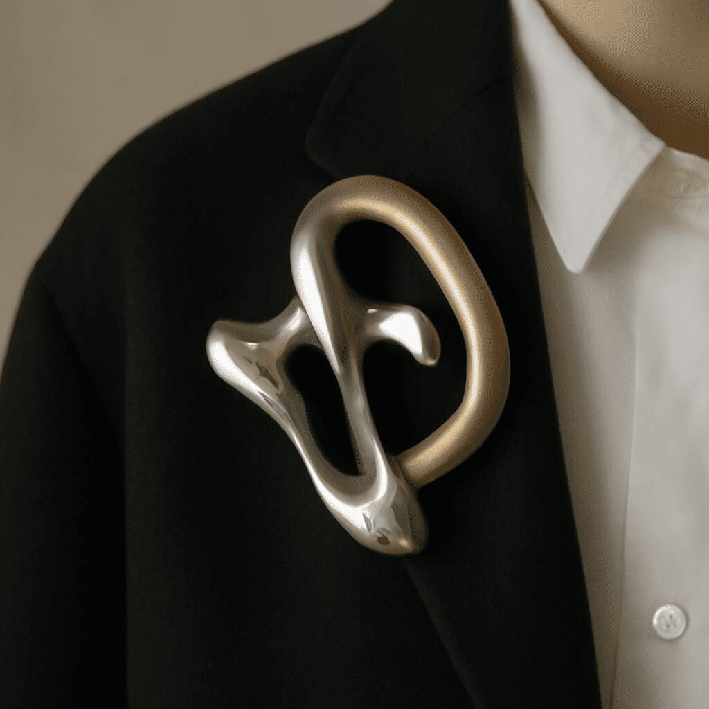 Sculptural brooch photographed as a portable installation, pinned to a simple garment